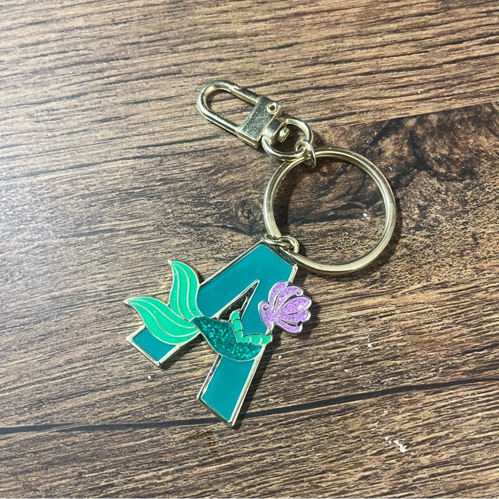 Disney Teal and Purple Mermaid Keychain with the Letter A initial.